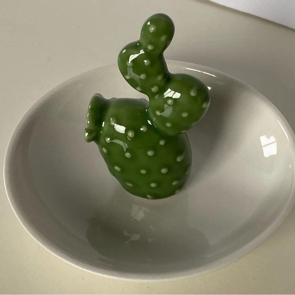 Cactus Ring Holder Dish Ceramic Vintage Jewelry Tray Green White Bowl Southwest